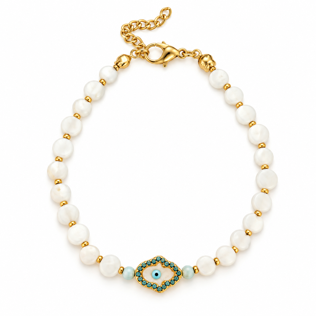 Pulsera perla hamsa blanca