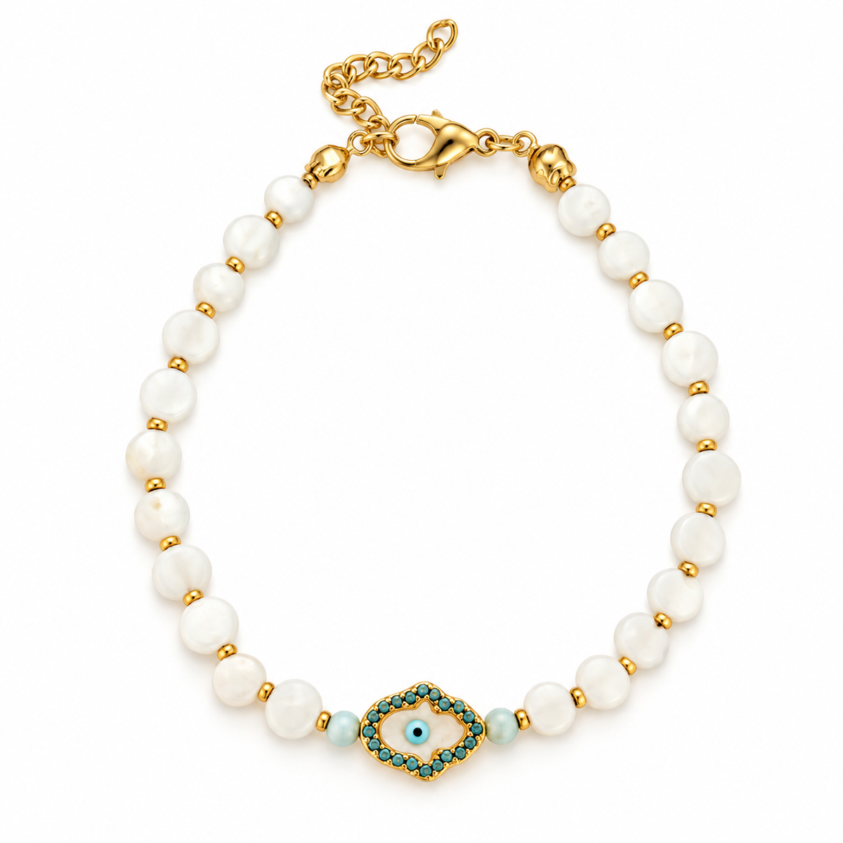 Pulsera perla hamsa blanca